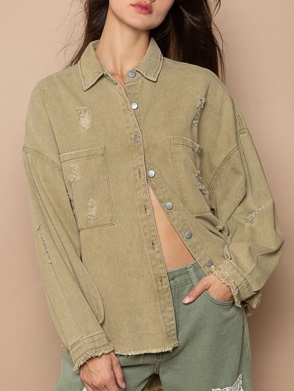 Oversized POL Olive Green Distressed Button-Down Shirt Jacket